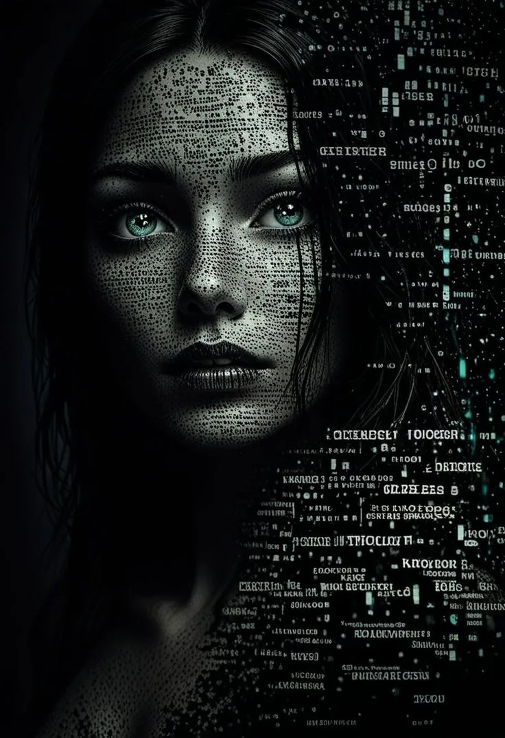 Monochrome portrait made of small lines of text and code fragments
