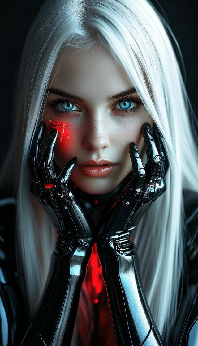 Stylised portrait of a white-haired figure with a red accent, rendered in a dark cinematic look
