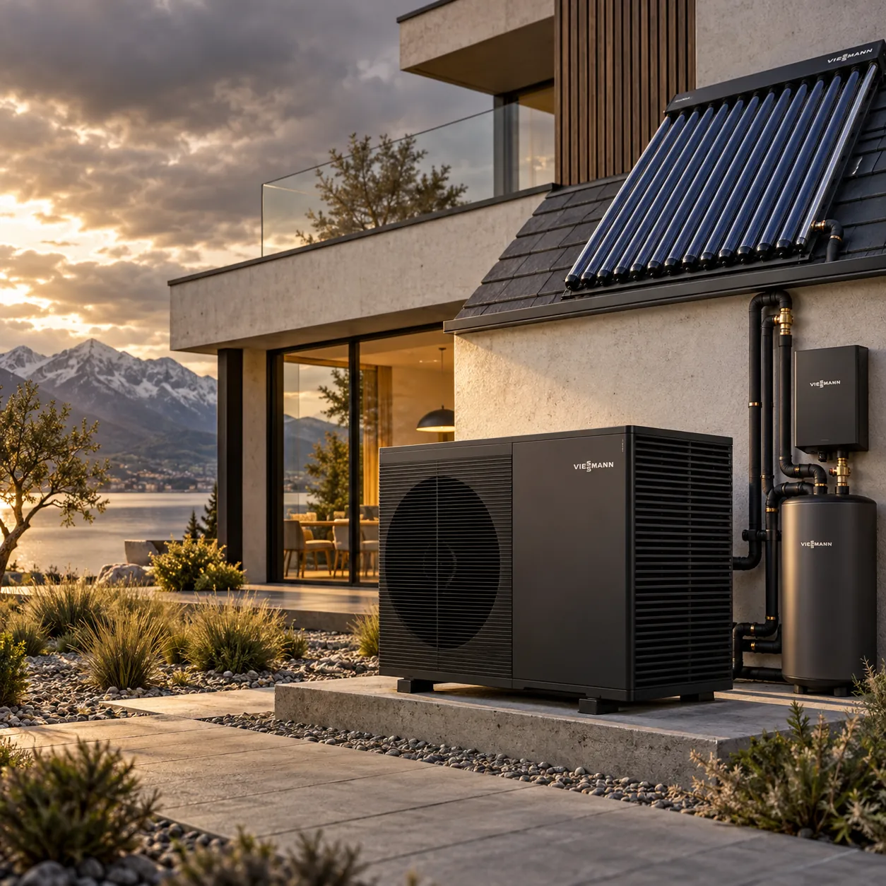 A modern house with a heat pump unit and solar panels on the roof