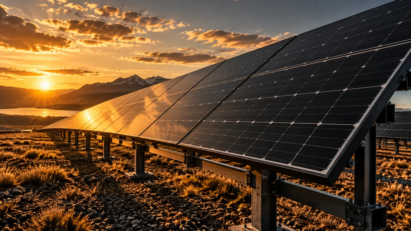Solar panels in a field at sunset