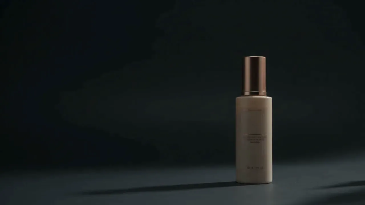 The same bottle in dark, directional studio light with warm rim lighting