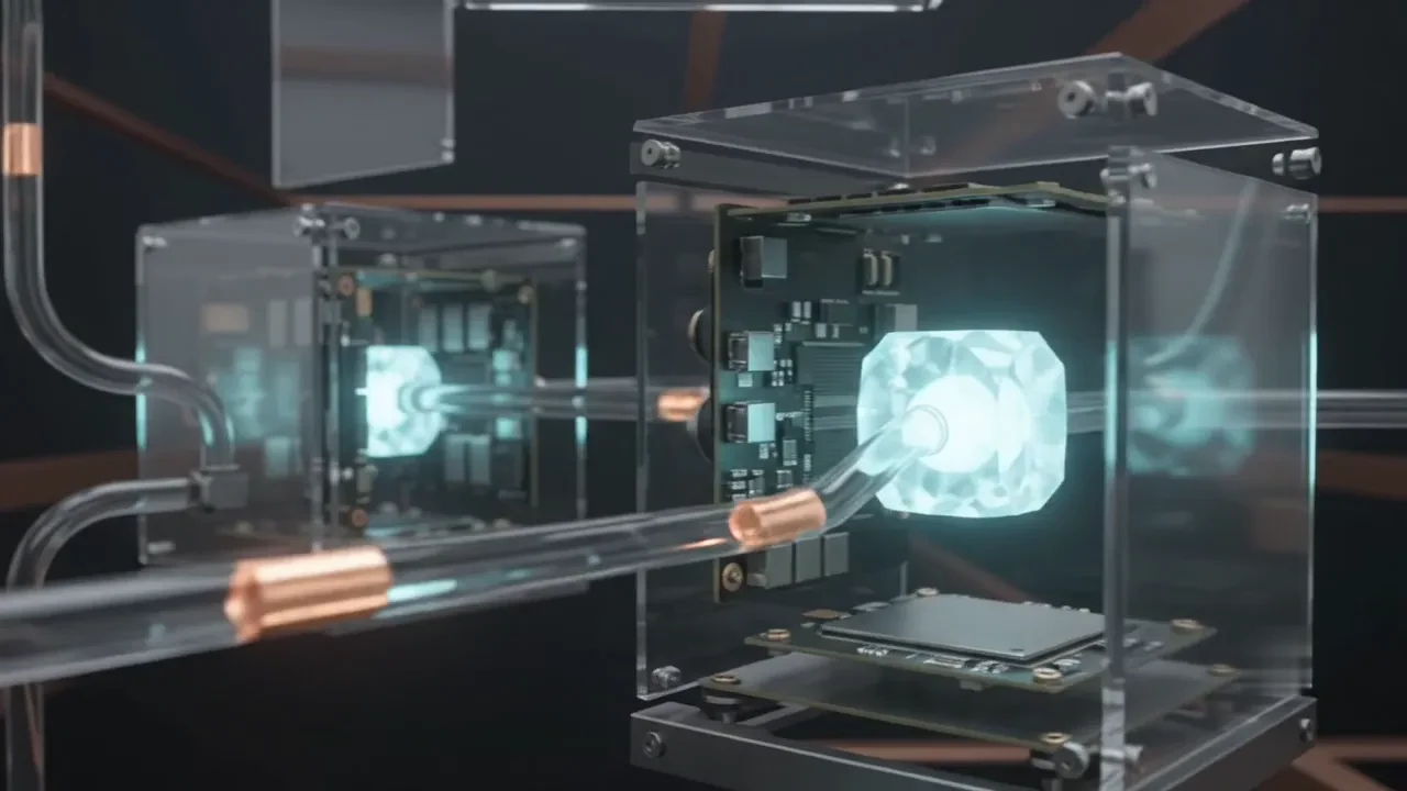 A glowing core inside a glass housing with copper conduits