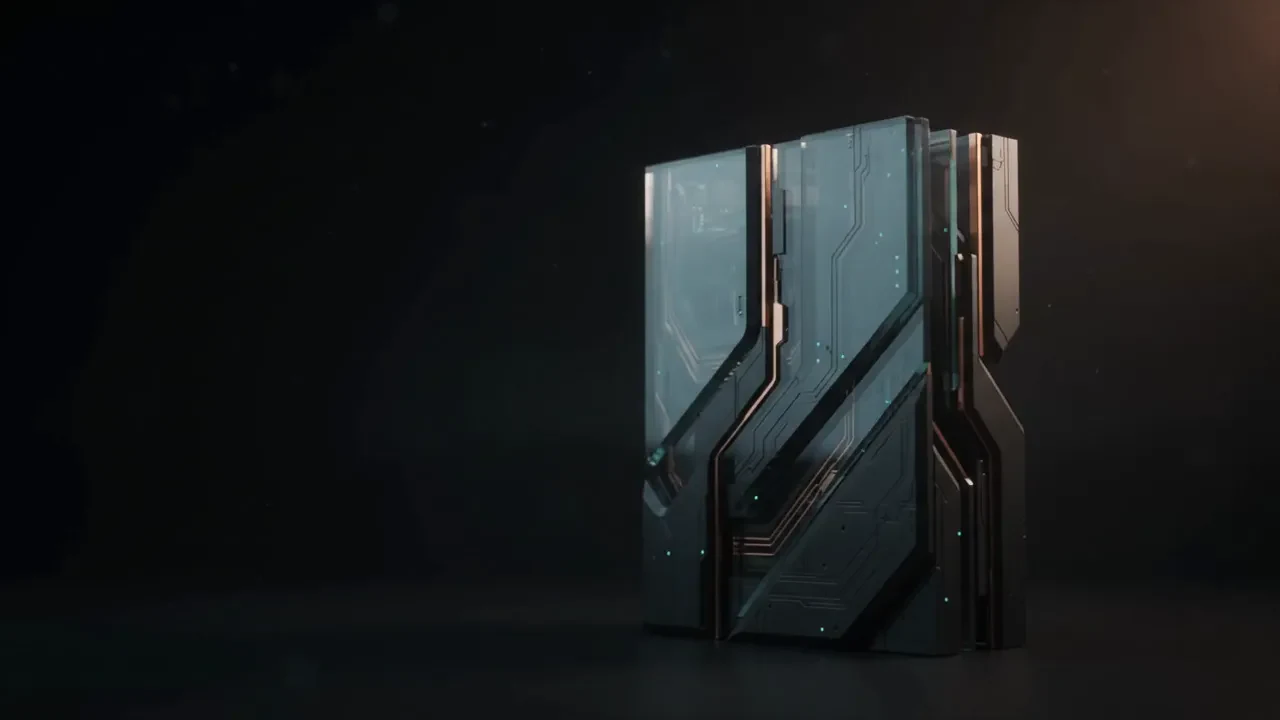 A dark architectural monolith with an angled glass face