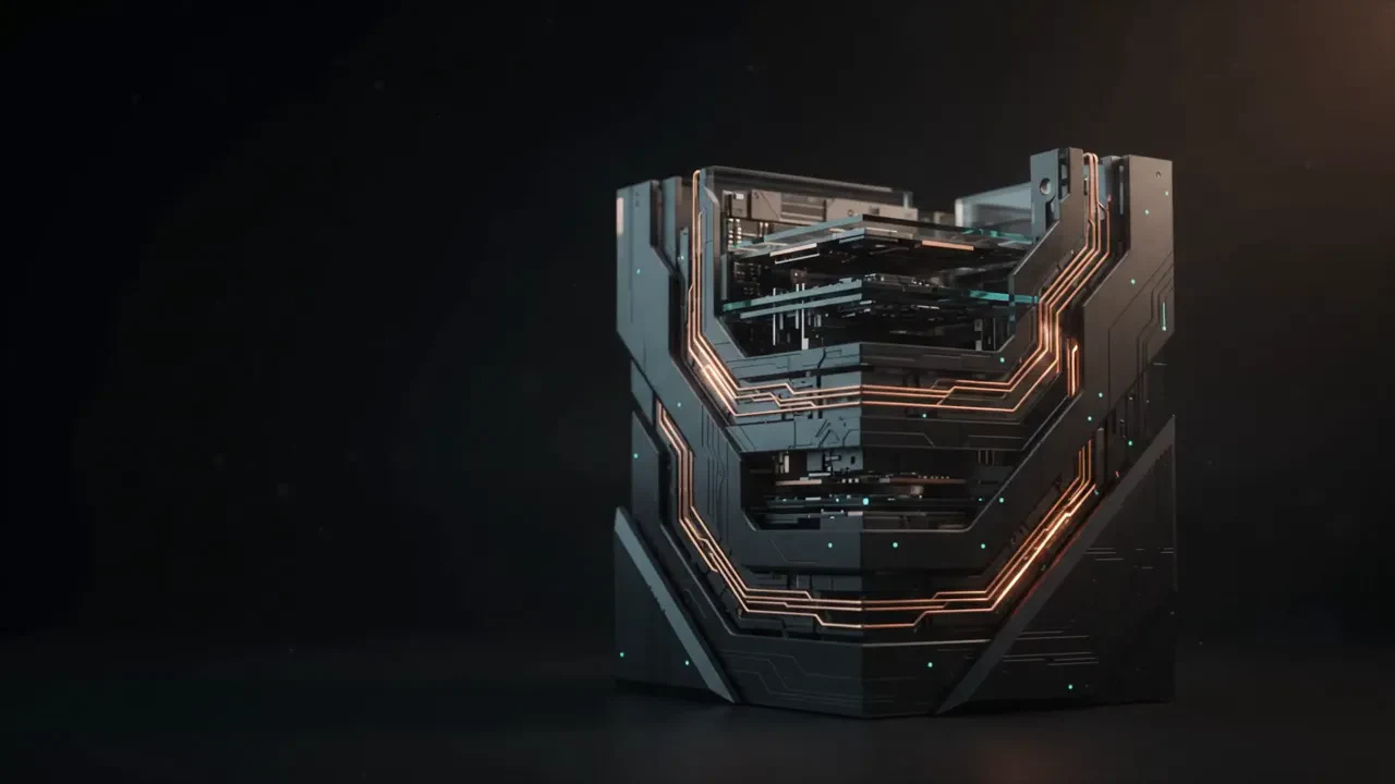 A dark metallic monolith with copper light seams in a studio