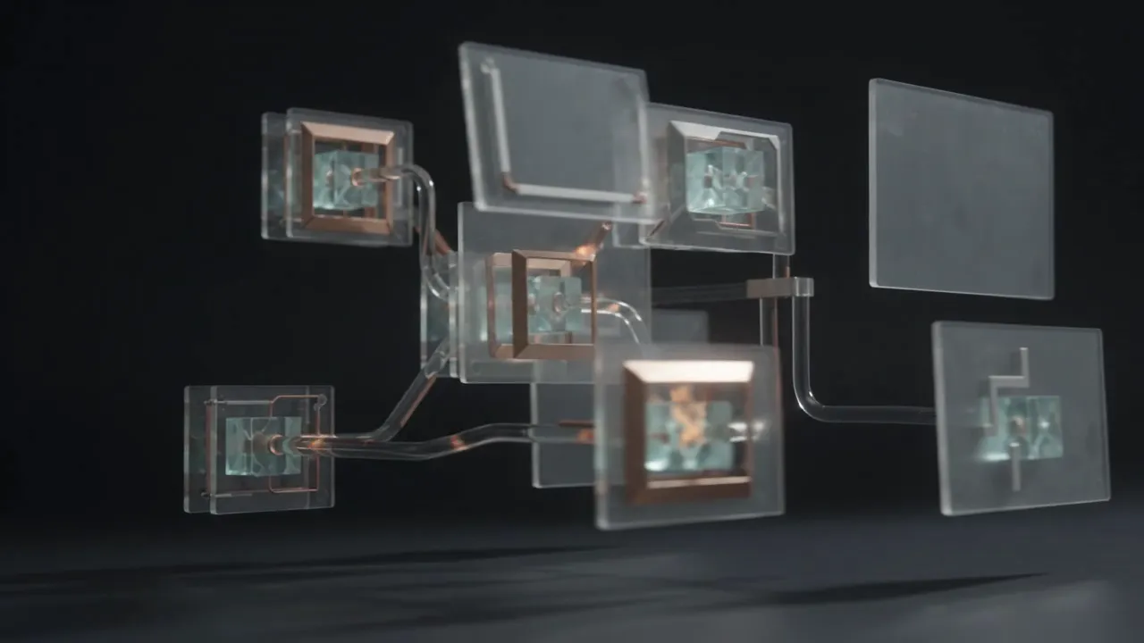 Glass modules connected by copper pipes forming a small pipeline