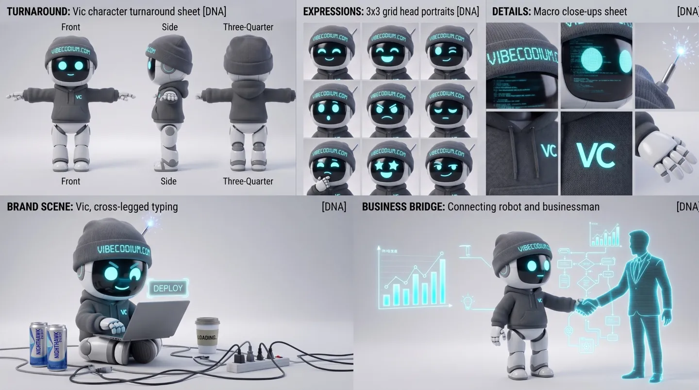 Character reference sheet of VIC, the studio’s robot assistant, in several poses
